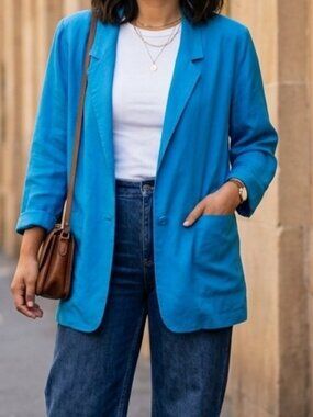 Bianca Vintage Women's Silk Blue Boyfriend Blazer Oversized Relaxed Jacket